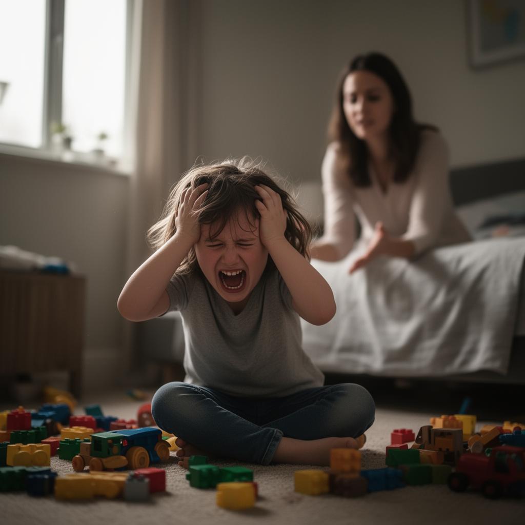 Criança chorando no chão do quarto durante uma birra, com brinquedos espalhados